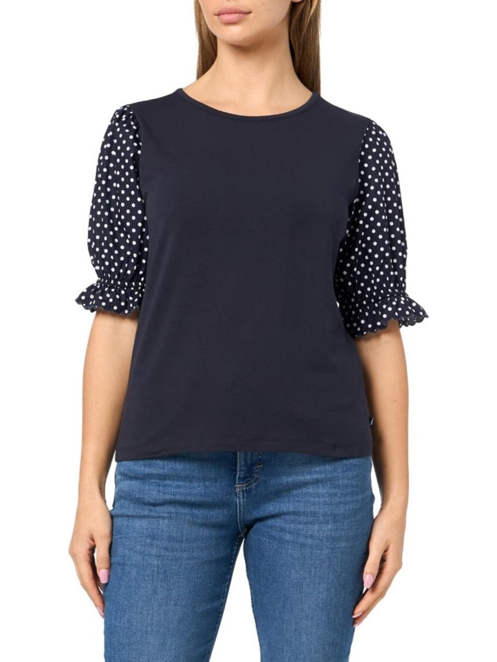 Chic Women's Puff Sleeve Knit Top | Short Sleeve Mixed Media Style, Casual